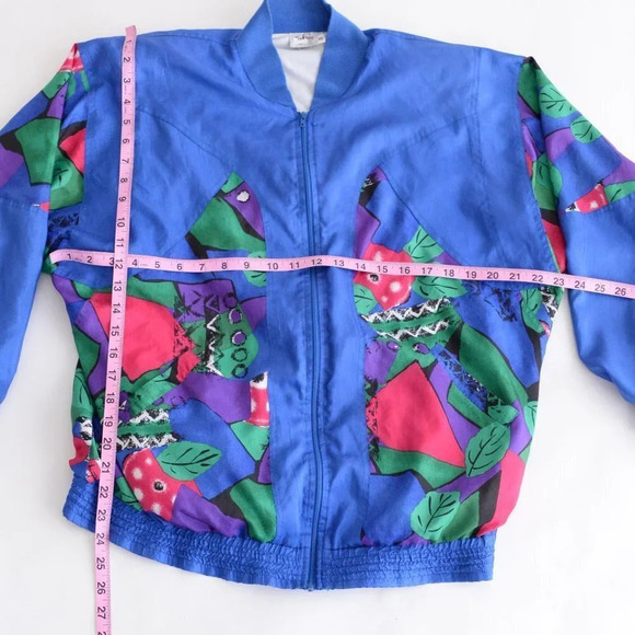 Vintage TanJay Blue Nylon Pink & Green Abstract Design Light Bomber Jacket XS - Picture 5 of 14